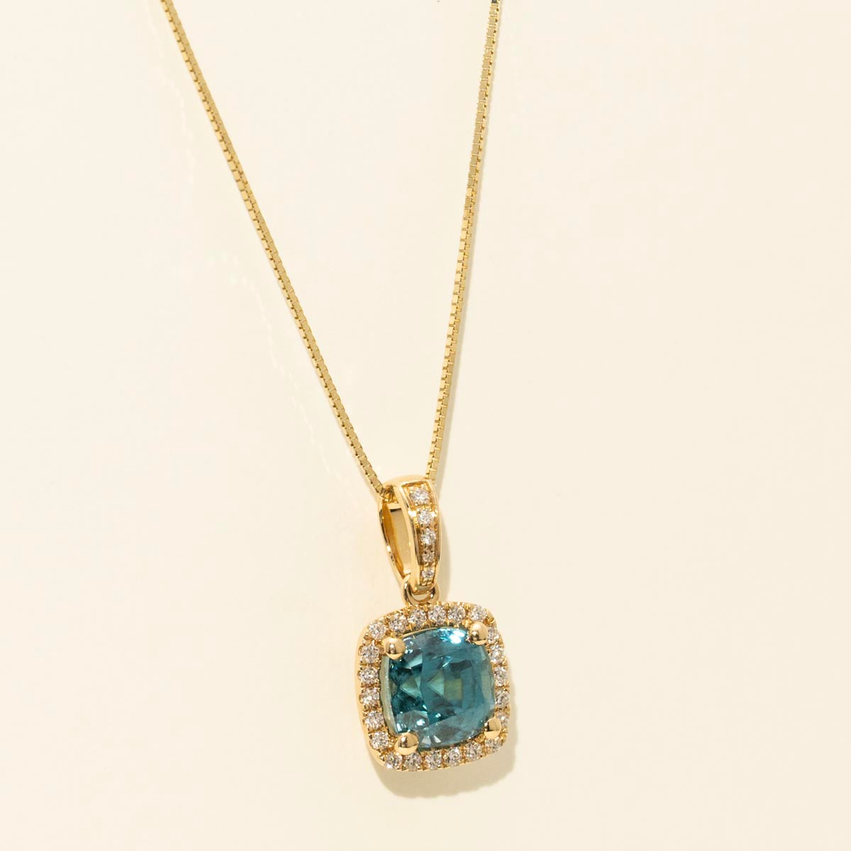 Cushion Blue Zircon Necklace in 14kt Yellow Gold with Diamonds