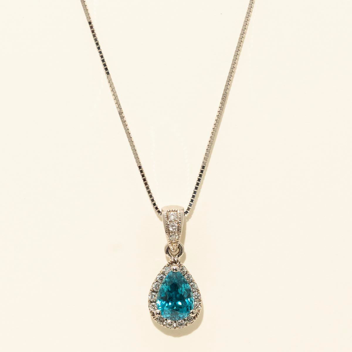 Pear Shape Blue Zircon Necklace in 14kt White Gold with Diamond