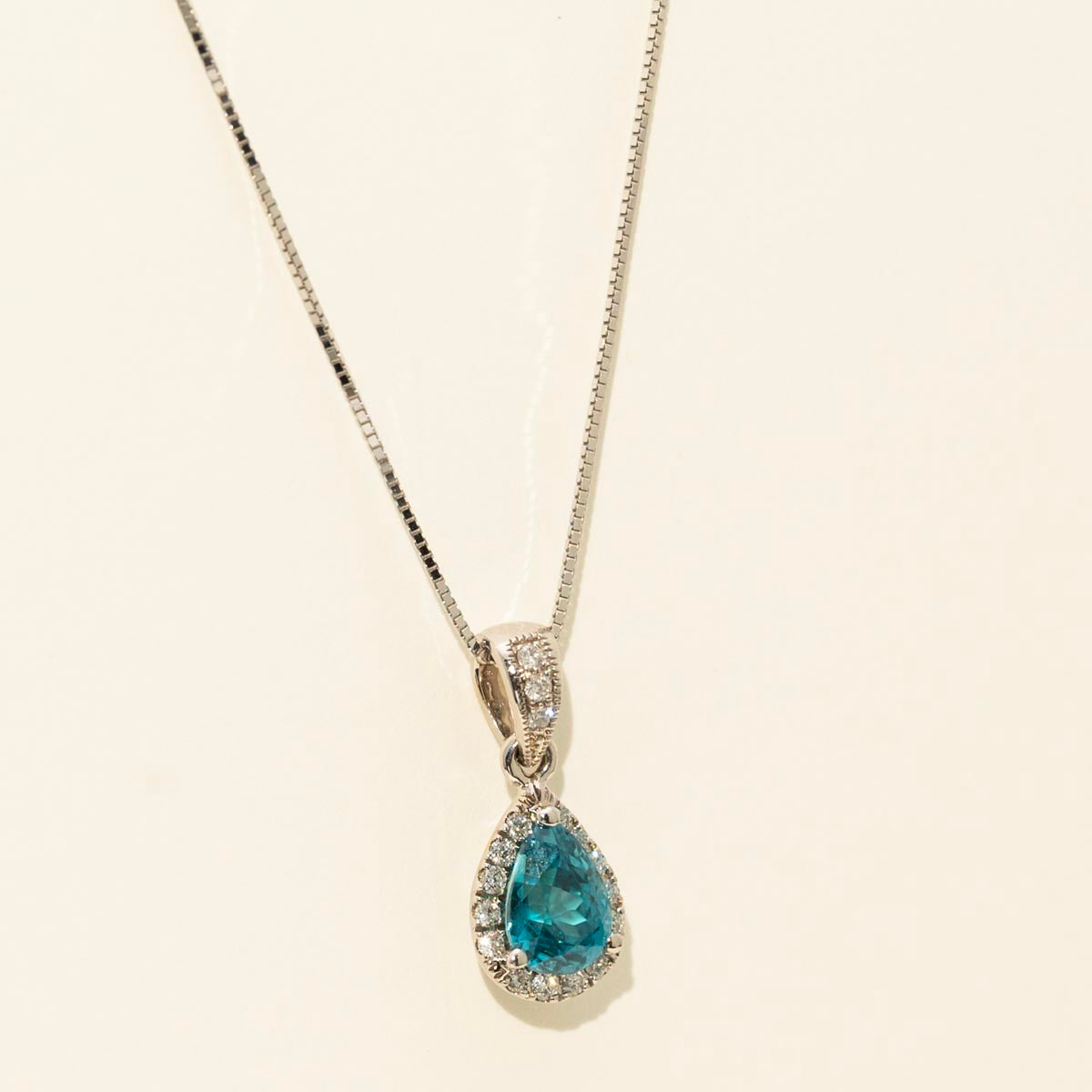 Pear Shape Blue Zircon Necklace in 14kt White Gold with Diamond