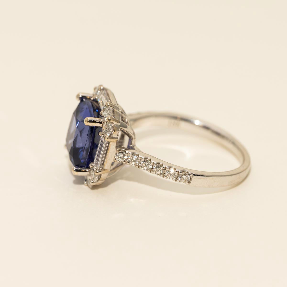 Cushion Cut Tanzanite Ring in 18kt White Gold with Diamonds