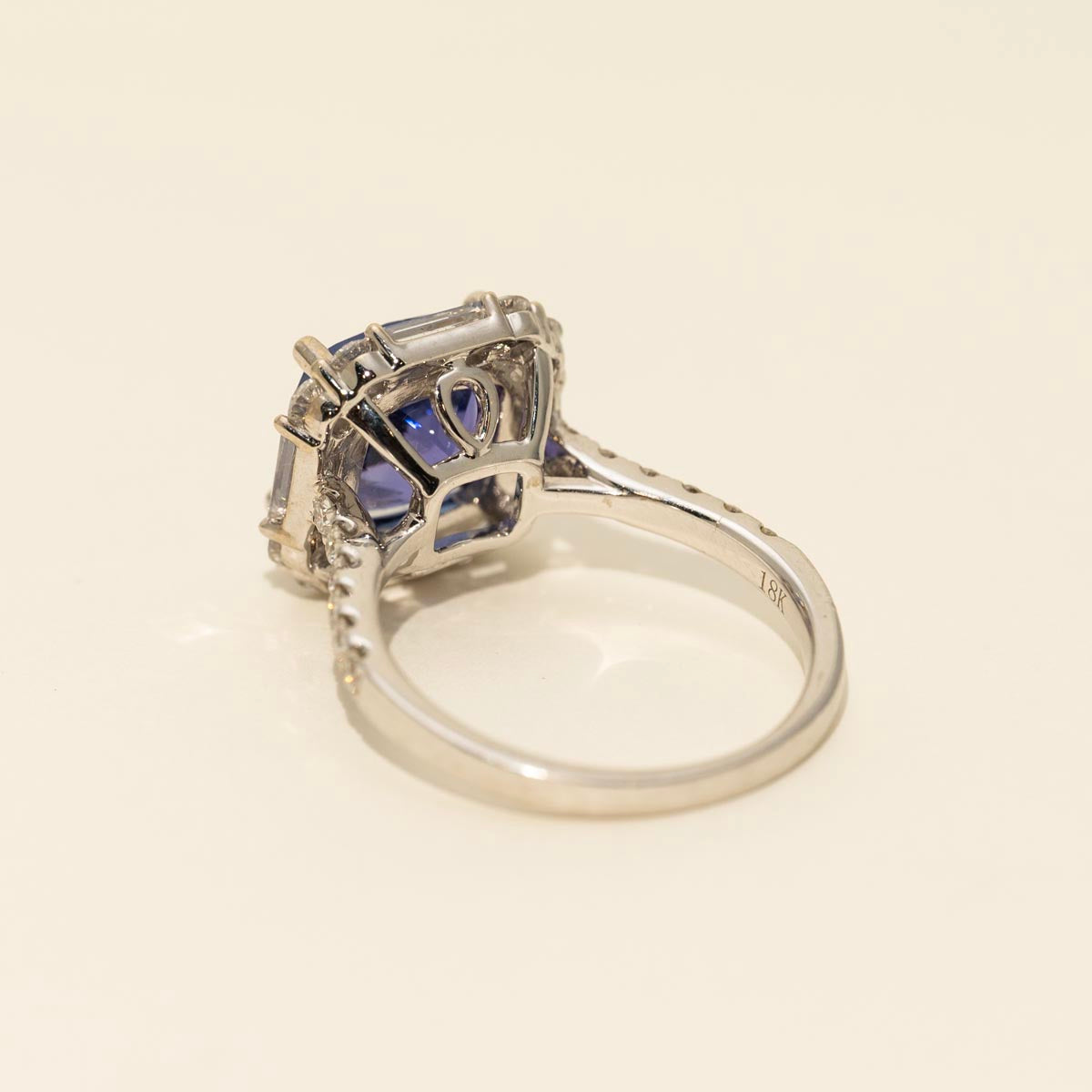 Cushion Cut Tanzanite Ring in 18kt White Gold with Diamonds