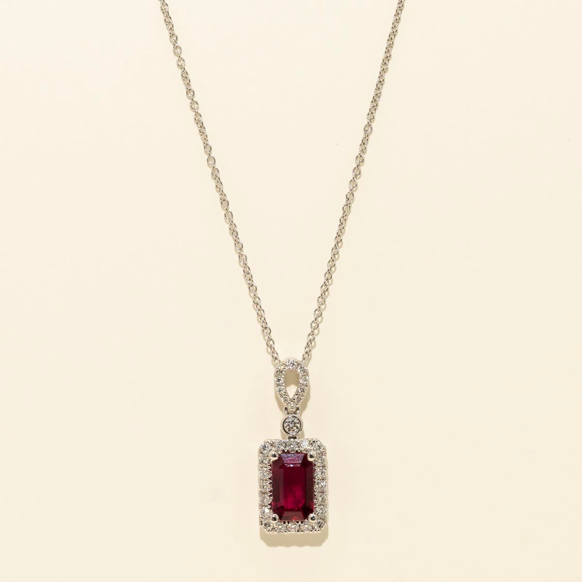 Emerald Cut Ruby Halo Necklace in 18kt White Gold with Diamonds