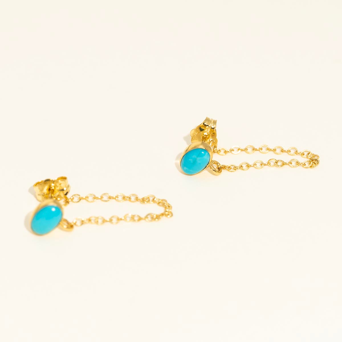 Oval Turquoise Chain Drop Earrings in 14kt Yellow Gold