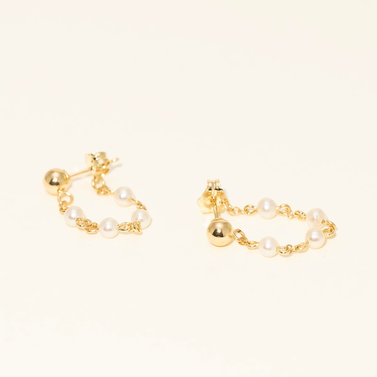Cultured Freshwater Pearl and Gold Ball Chain Earrings in 14kt Yellow Gold (3mm pearls)
