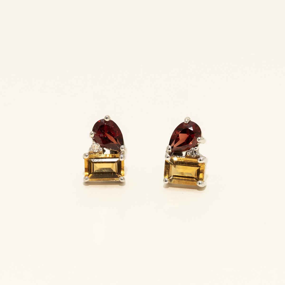 Emerald Cut Citrine and Pear Shape Garnet Earrings in 14kt White Gold with Diamonds