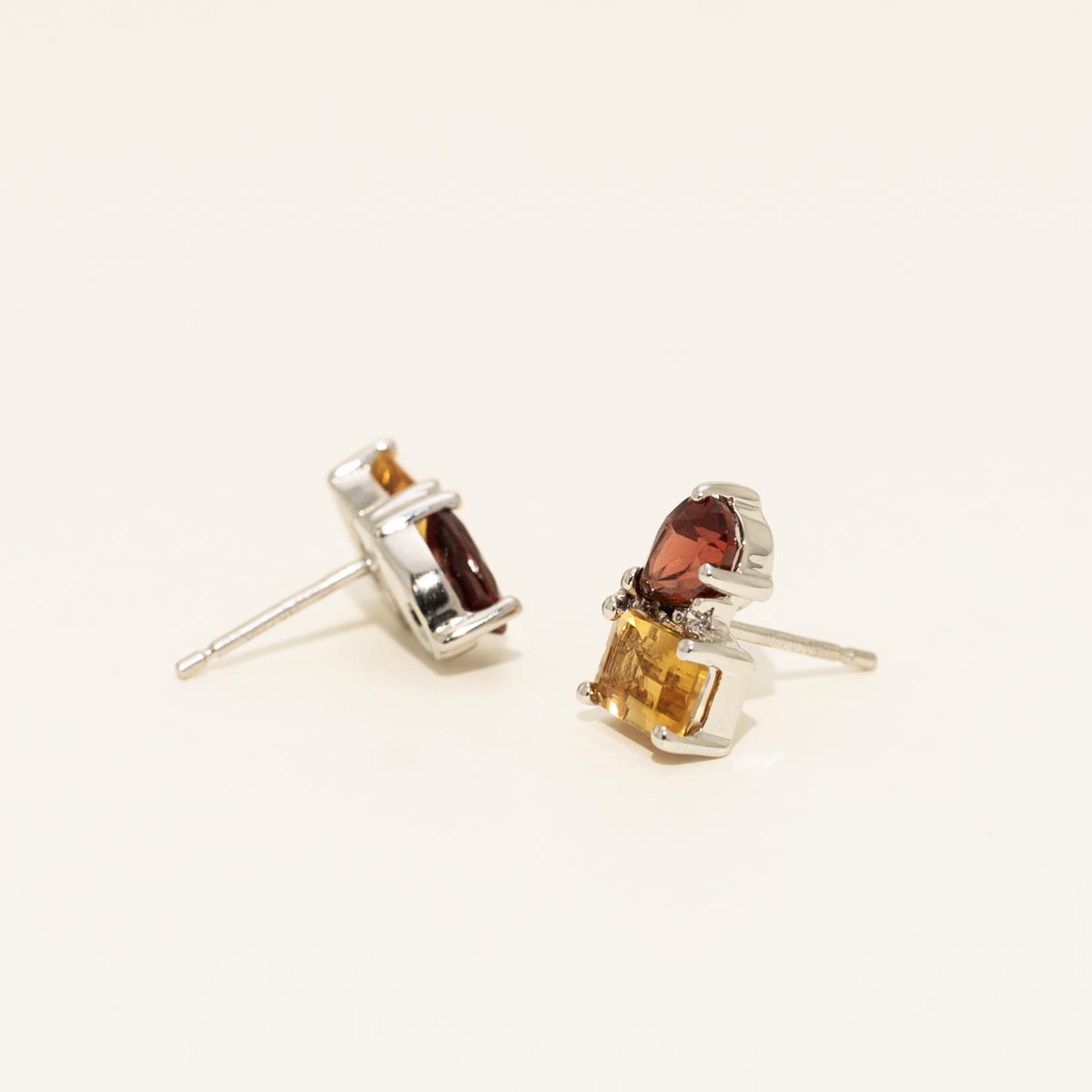 Emerald Cut Citrine and Pear Shape Garnet Earrings in 14kt White Gold with Diamonds