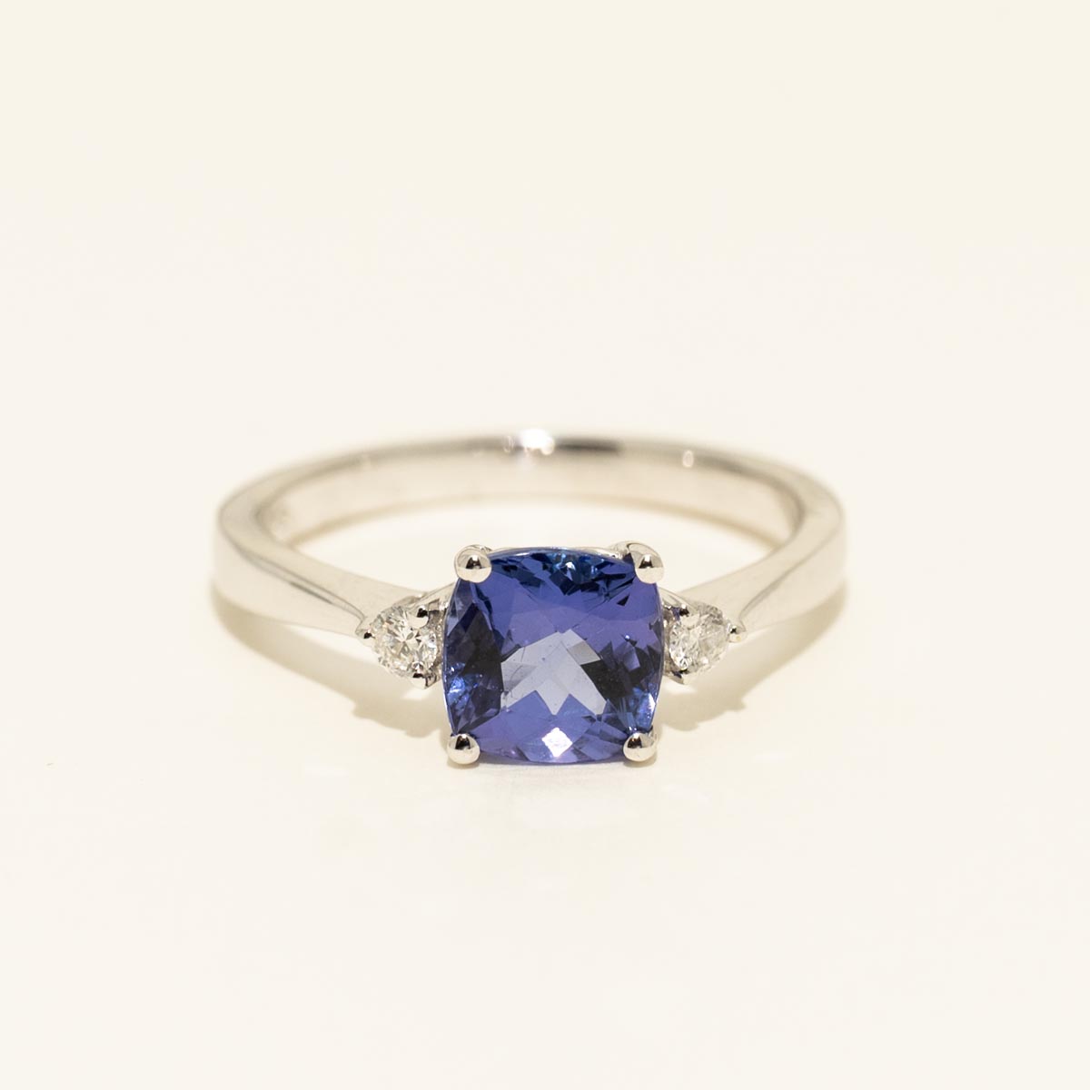 Cushion Cut Tanzanite Ring in 14kt White Gold with Diamonds