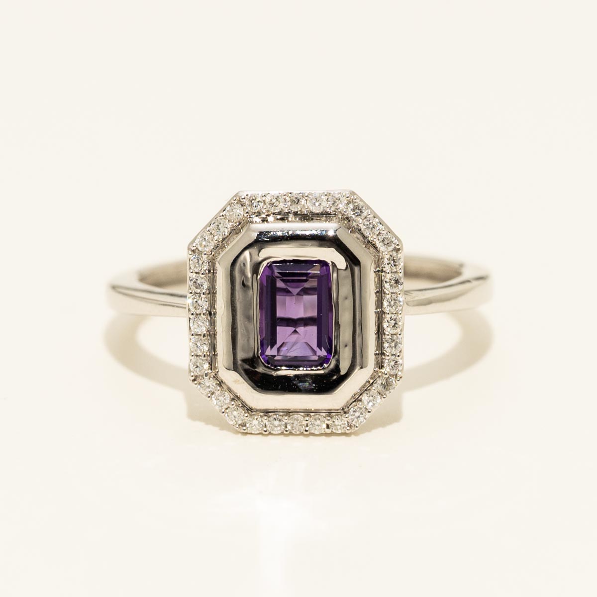 Emerald Cut Amethyst Halo Bezel Ring in 14kt White Gold with Diamonds