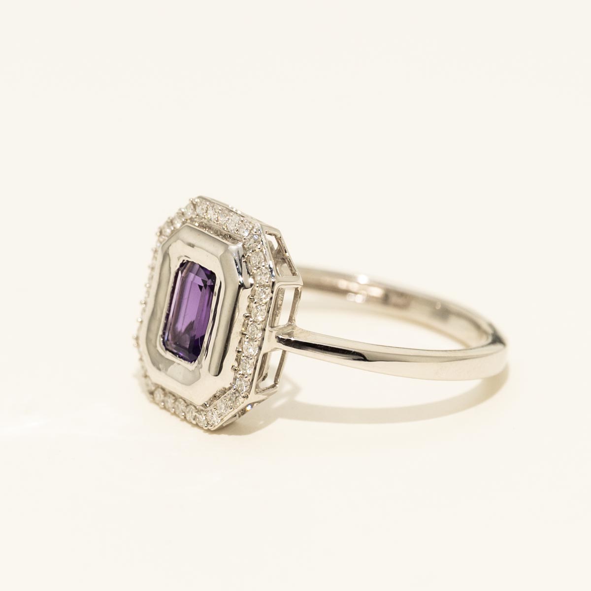 Emerald Cut Amethyst Halo Bezel Ring in 14kt White Gold with Diamonds