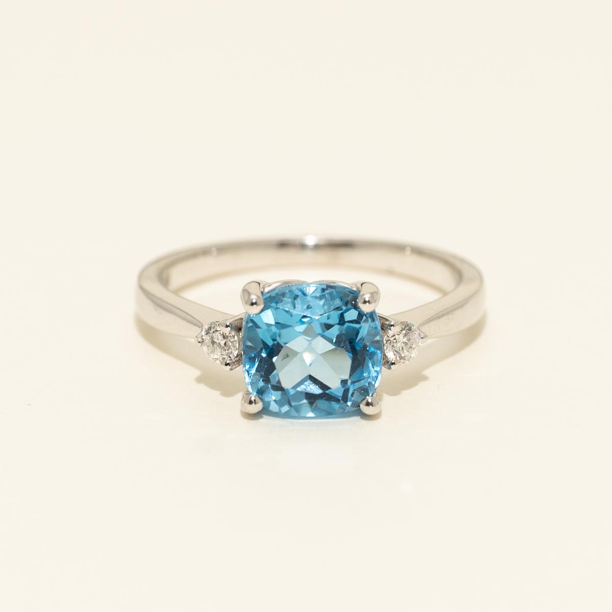 Cushion Cut Blue Topaz Ring in 10kt White Gold with Diamonds