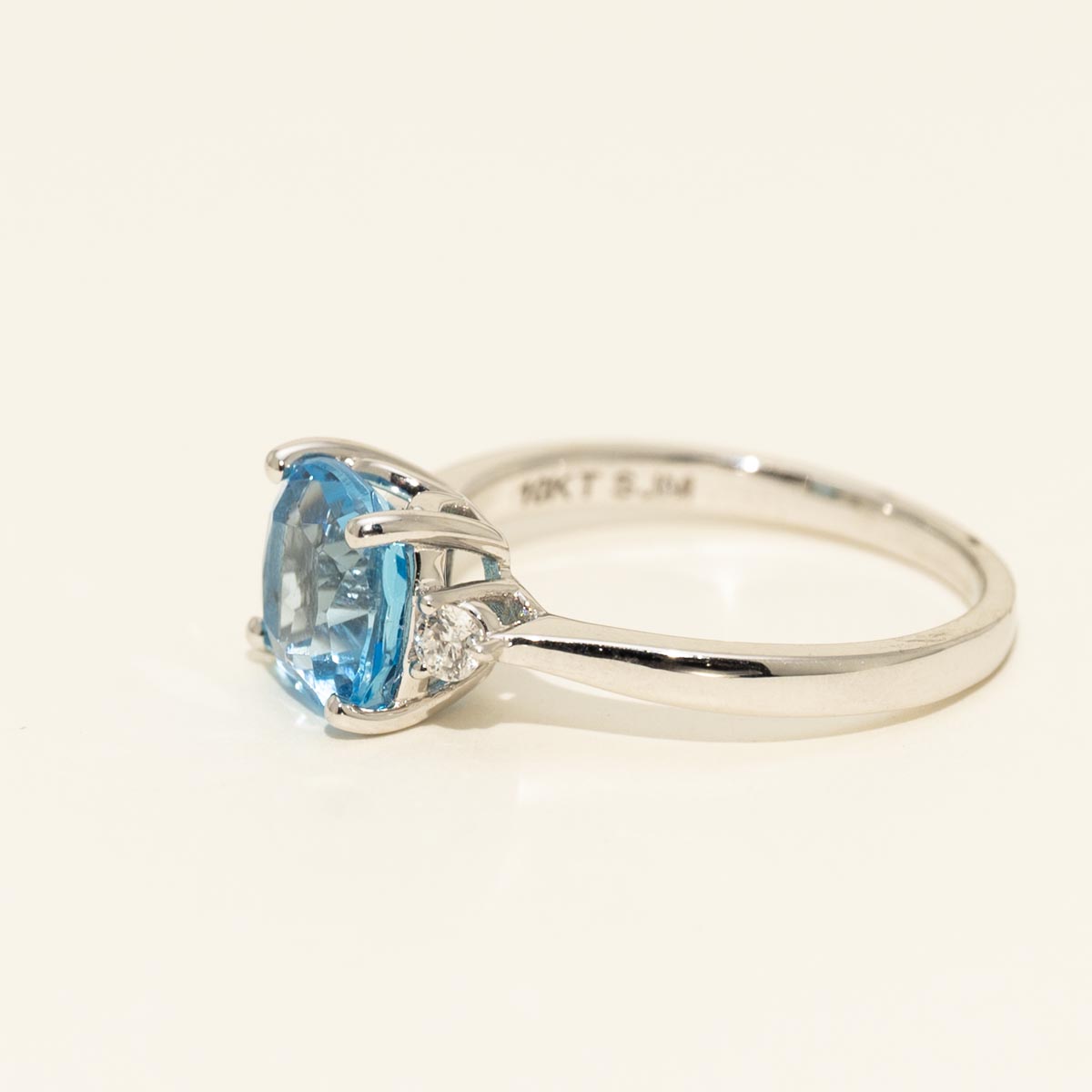 Cushion Cut Blue Topaz Ring in 10kt White Gold with Diamonds