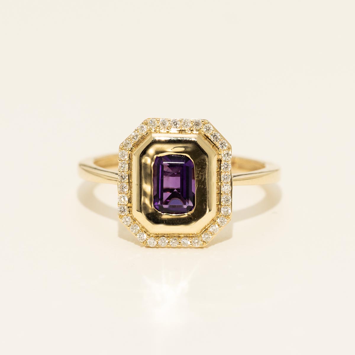 Emerald Cut Amethyst Halo Bezel Ring in 14kt Yellow Gold with Diamonds