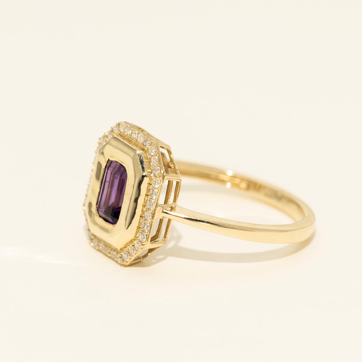 Emerald Cut Amethyst Halo Bezel Ring in 14kt Yellow Gold with Diamonds