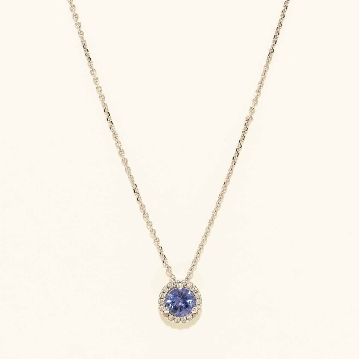 Tanzanite Halo Necklace in 14kt White Gold with Diamonds