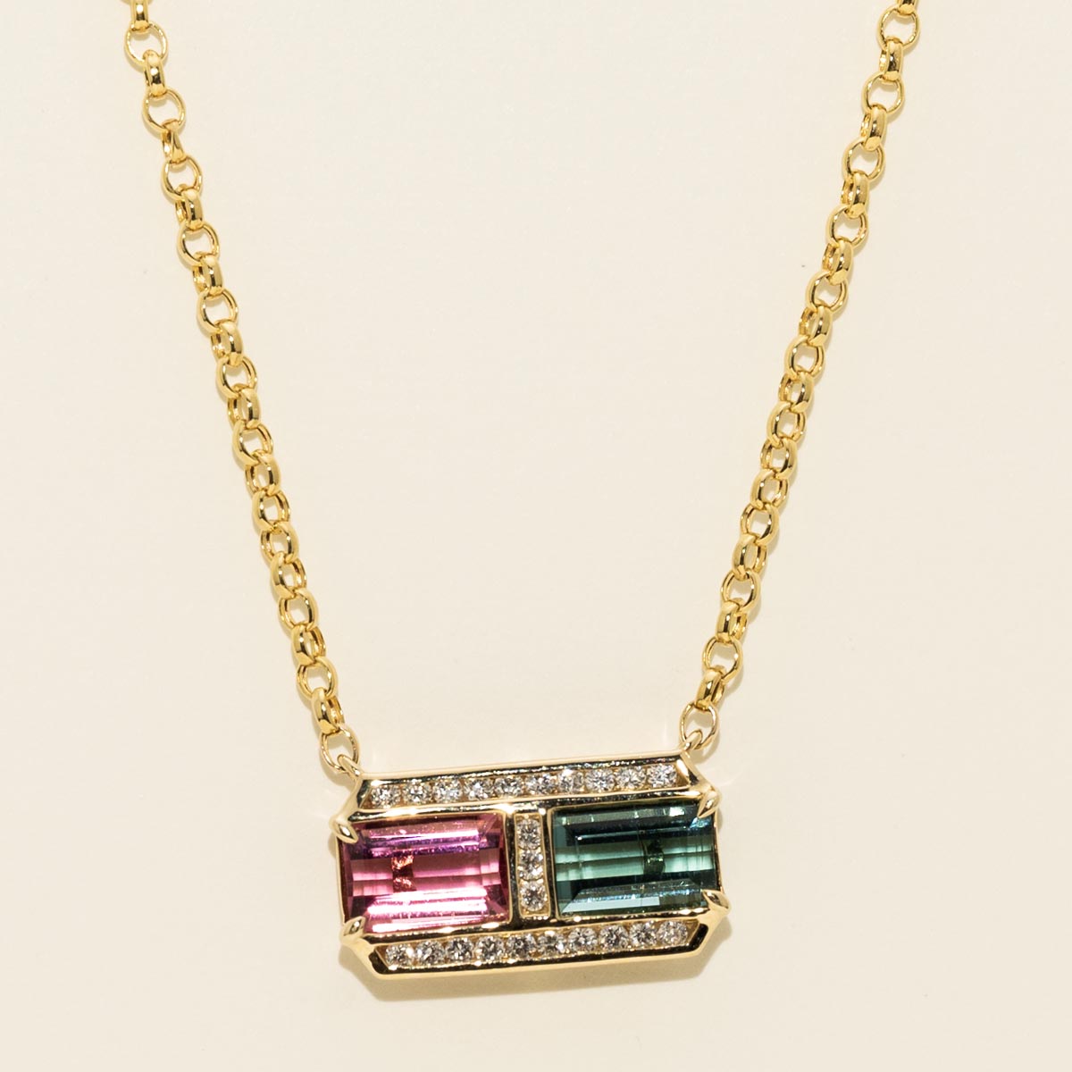 Emerald Cut Pink and Green Tourmaline Necklace in 14kt Yellow Gold with Diamonds