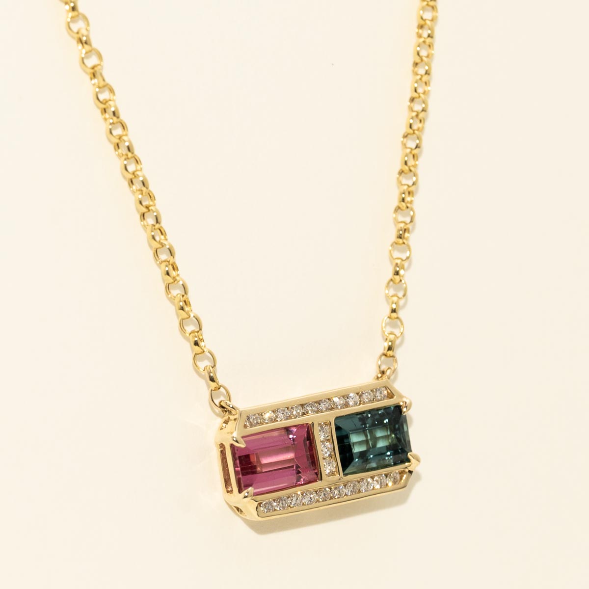 Emerald Cut Pink and Green Tourmaline Necklace in 14kt Yellow Gold with Diamonds