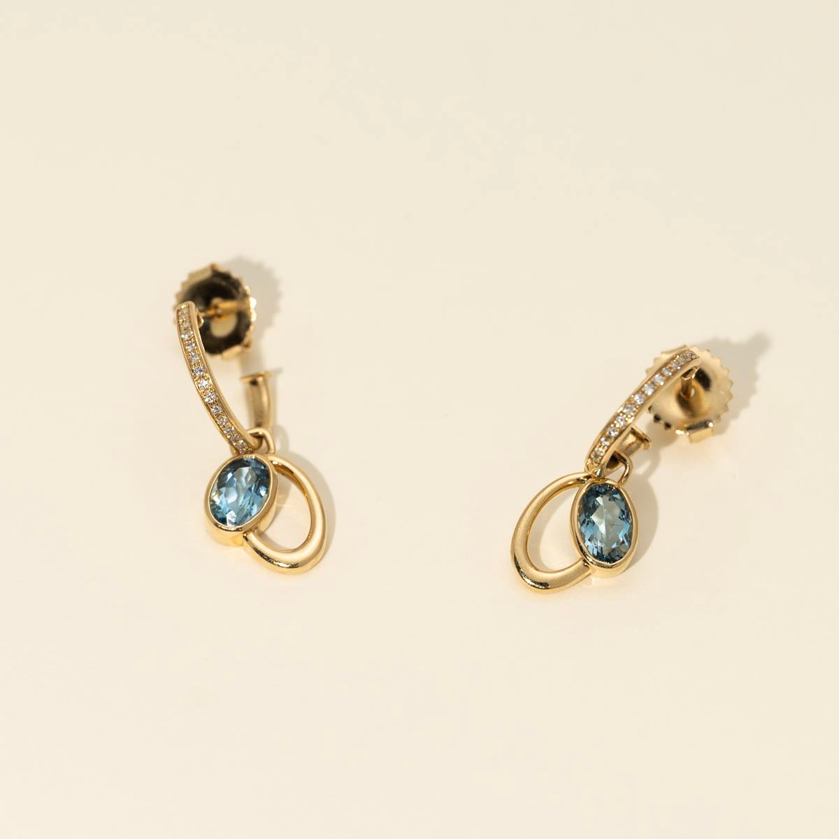 Oval Aquamarine Drop Earrings in 14kt Yellow Gold with Diamonds