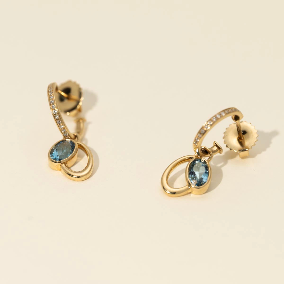Oval Aquamarine Drop Earrings in 14kt Yellow Gold with Diamonds