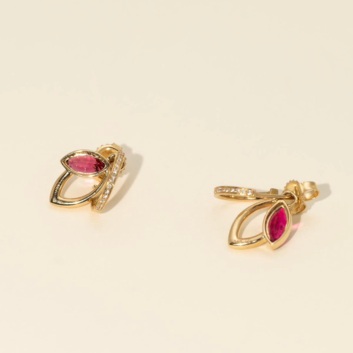 Marquise Pink Tourmaline Drop Earrings in 14kt Yellow Gold with Diamonds