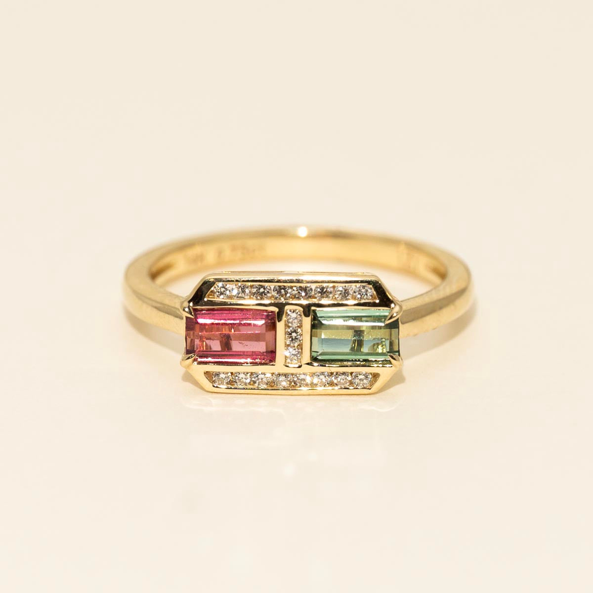 Emerald Cut Pink and Green Tourmaline Ring in 14kt Yellow Gold with Diamonds