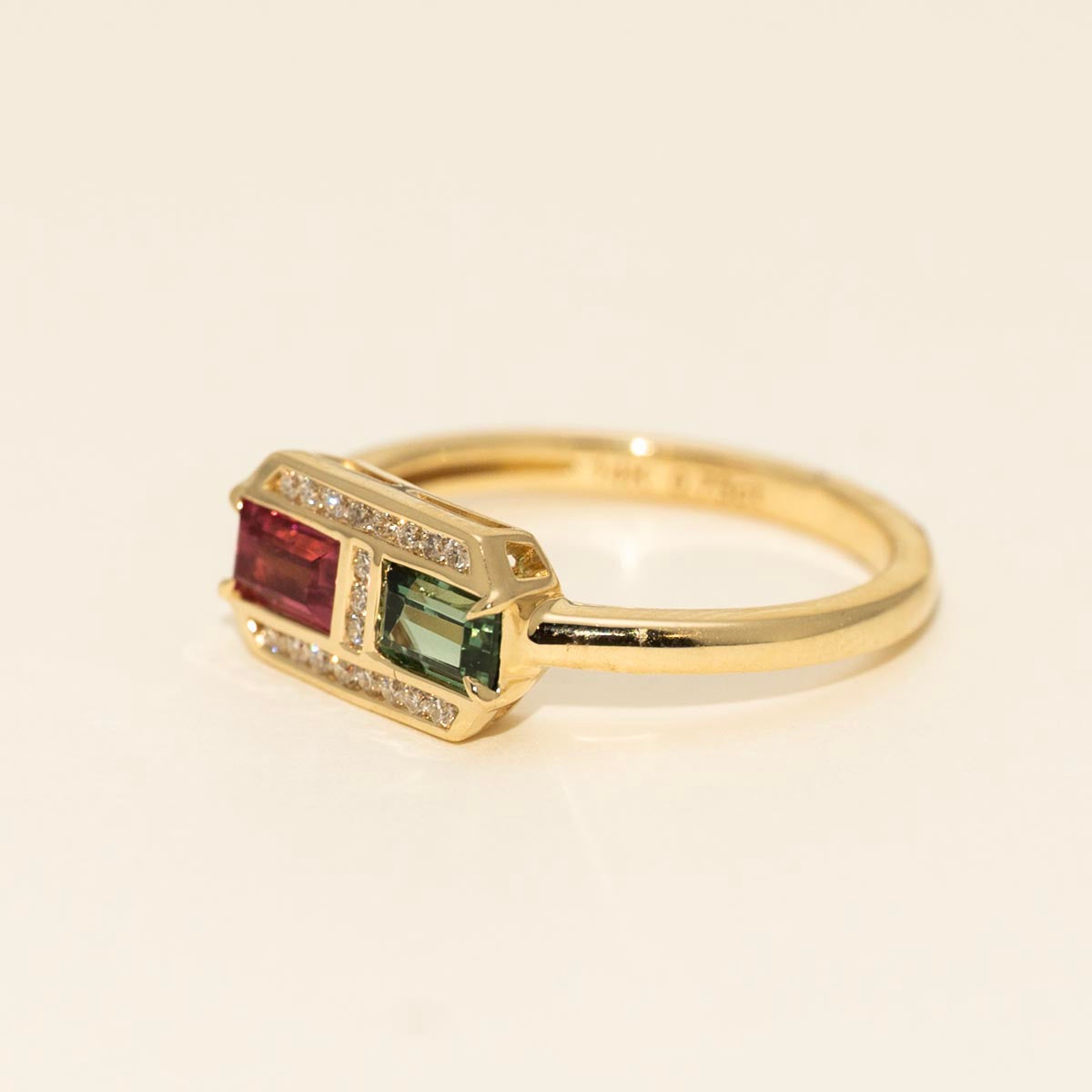 Emerald Cut Pink and Green Tourmaline Ring in 14kt Yellow Gold with Diamonds