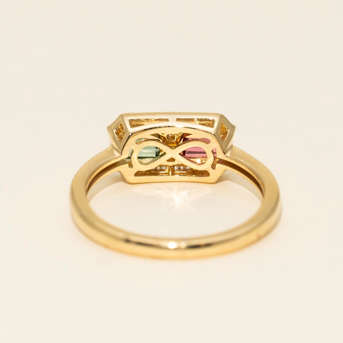Emerald Cut Pink and Green Tourmaline Ring in 14kt Yellow Gold with Diamonds