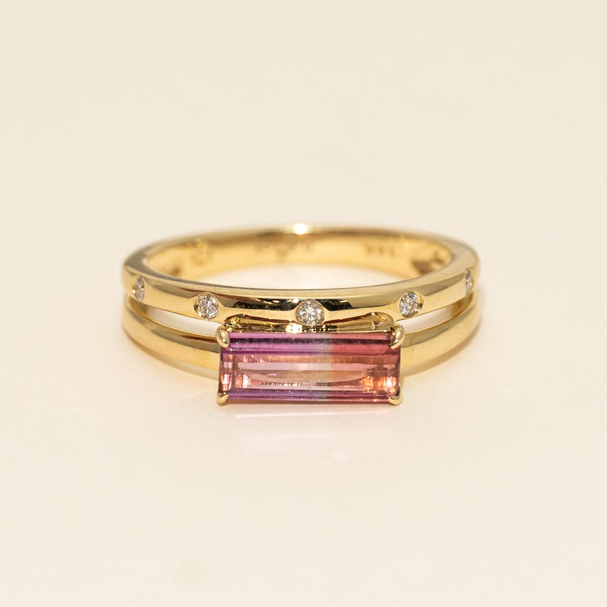 Emerald Cut Pink Tourmaline Ring in 14kt Yellow Gold with Diamonds