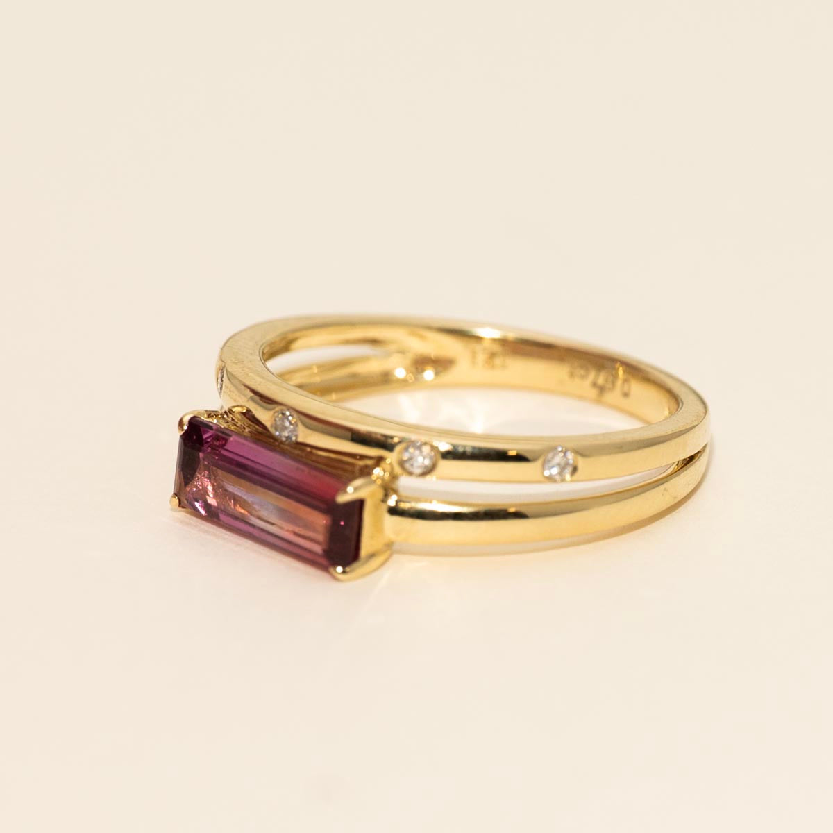 Emerald Cut Pink Tourmaline Ring in 14kt Yellow Gold with Diamonds