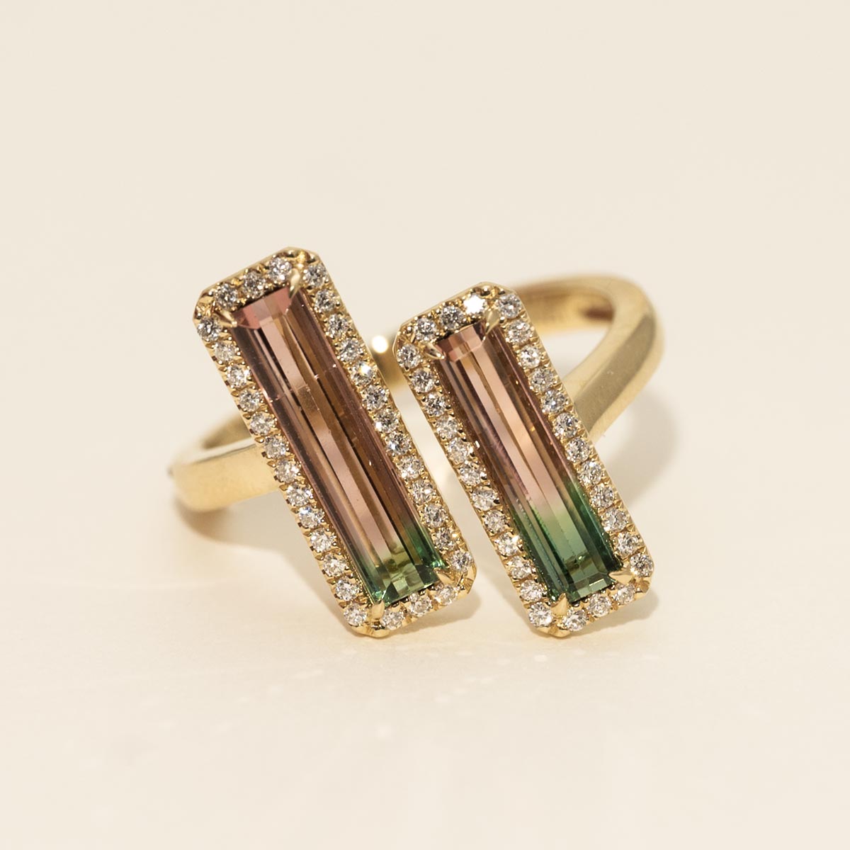 Emerald Cut Bicolor Tourmaline Halo Ring in 14kt Yellow Gold with Diamonds