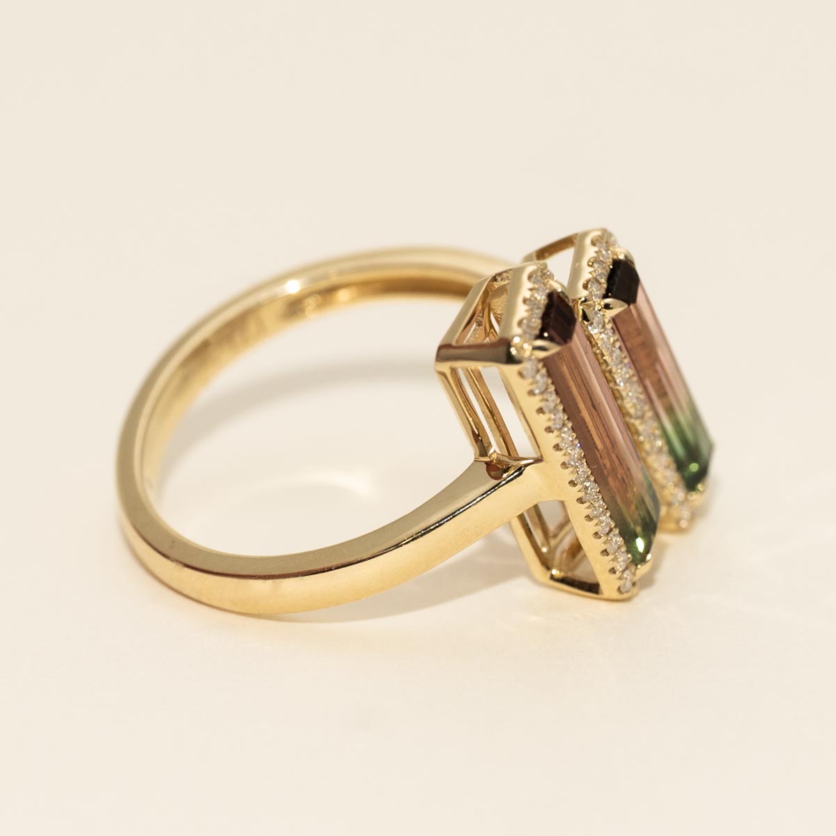 Emerald Cut Bicolor Tourmaline Halo Ring in 14kt Yellow Gold with Diamonds