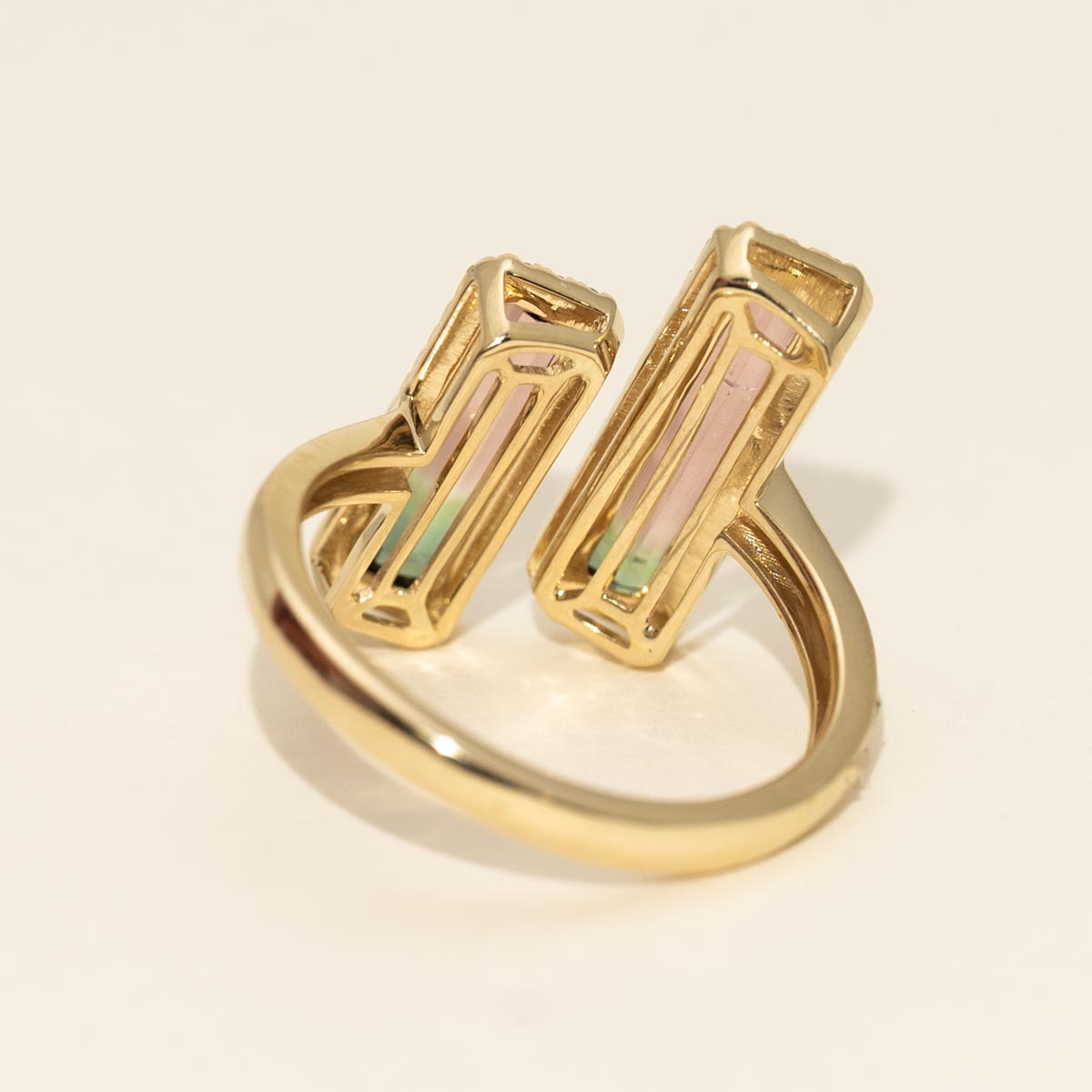Emerald Cut Bicolor Tourmaline Halo Ring in 14kt Yellow Gold with Diamonds