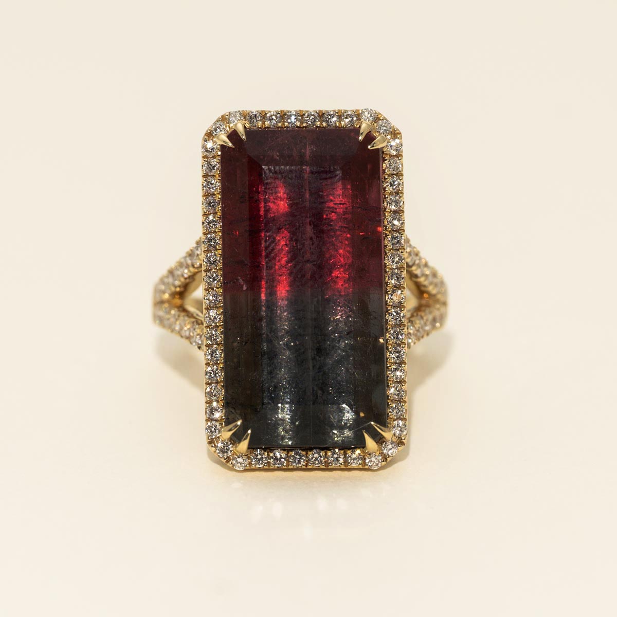 Emerald Cut Bicolor Tourmaline Halo Ring in 14kt Yellow Gold with Diamonds
