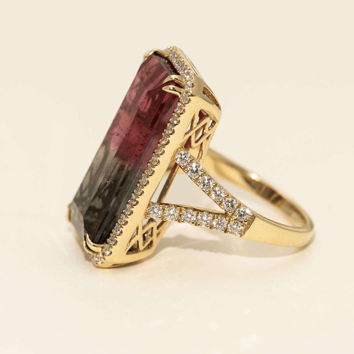 Emerald Cut Bicolor Tourmaline Halo Ring in 14kt Yellow Gold with Diamonds