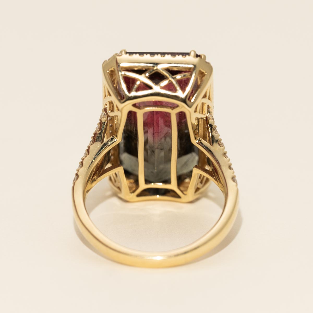 Emerald Cut Bicolor Tourmaline Halo Ring in 14kt Yellow Gold with Diamonds