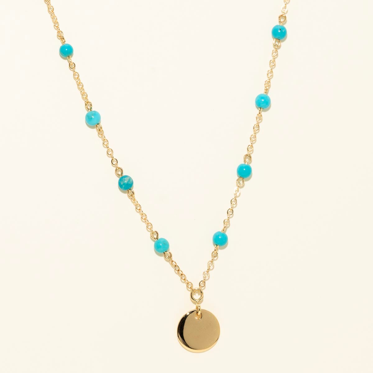 Turquoise Stationary Necklace with Gold Disc Necklace in 14kt Yellow Gold
