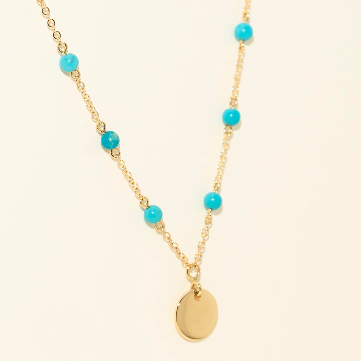 Turquoise Stationary Necklace with Gold Disc Necklace in 14kt Yellow Gold