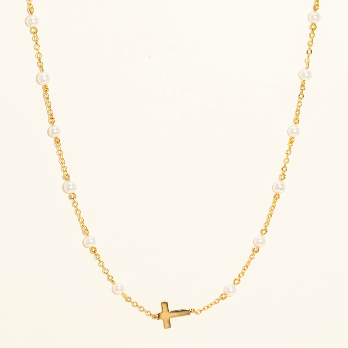 Cultured Freshwater Pearl Stationary Necklace with Cross in 14kt Yellow Gold