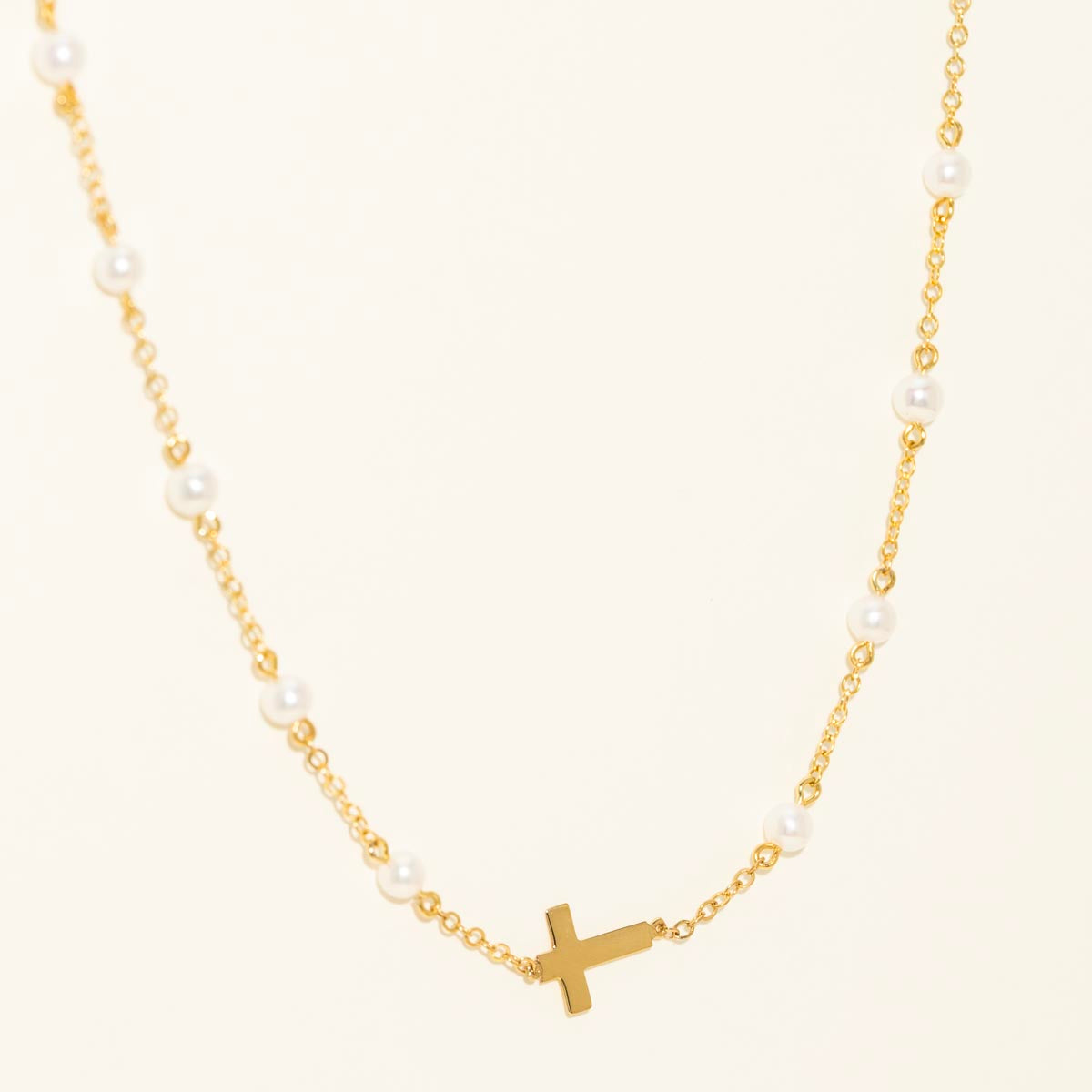 Cultured Freshwater Pearl Stationary Necklace with Cross in 14kt Yellow Gold