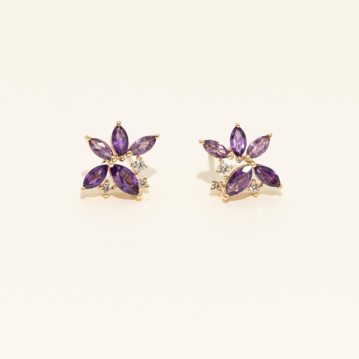Marquise Amethyst Cluster Stud Earrings in 14kt Yellow Gold with Diamonds