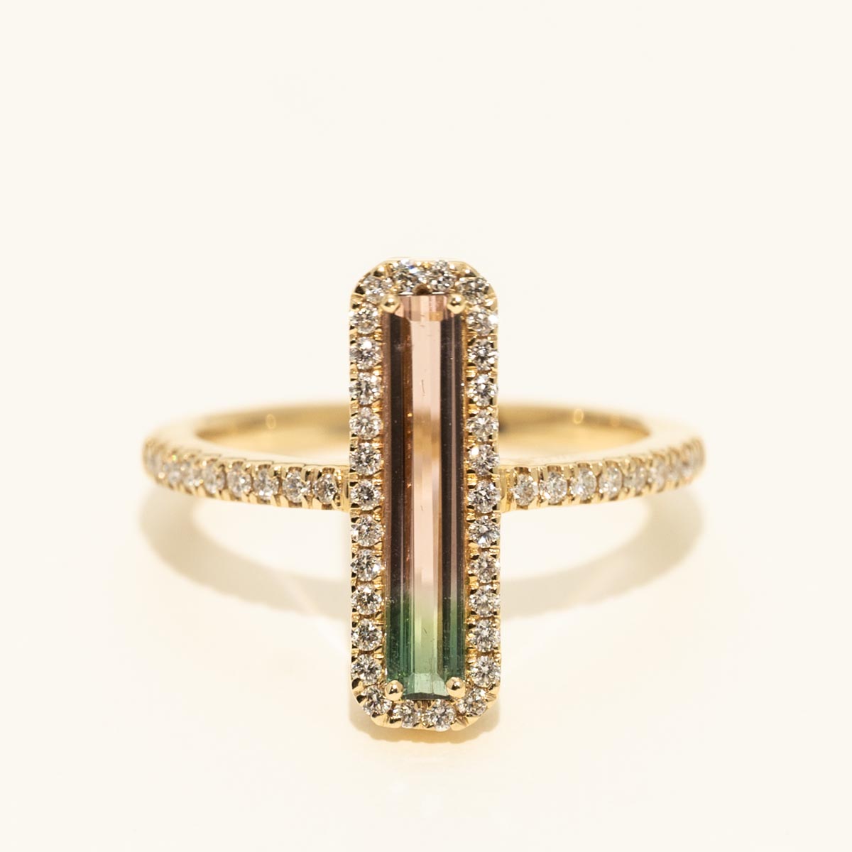 Parlé Emerald Cut Bicolor Tourmaline Ring in 14kt Yellow Gold with Diamonds