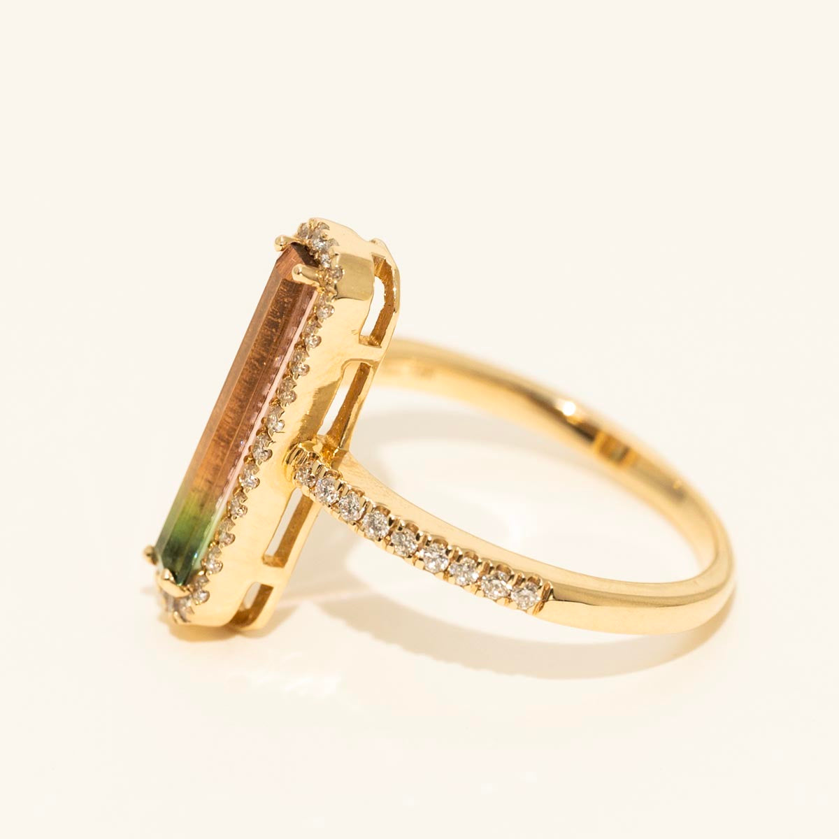 Parlé Emerald Cut Bicolor Tourmaline Ring in 14kt Yellow Gold with Diamonds