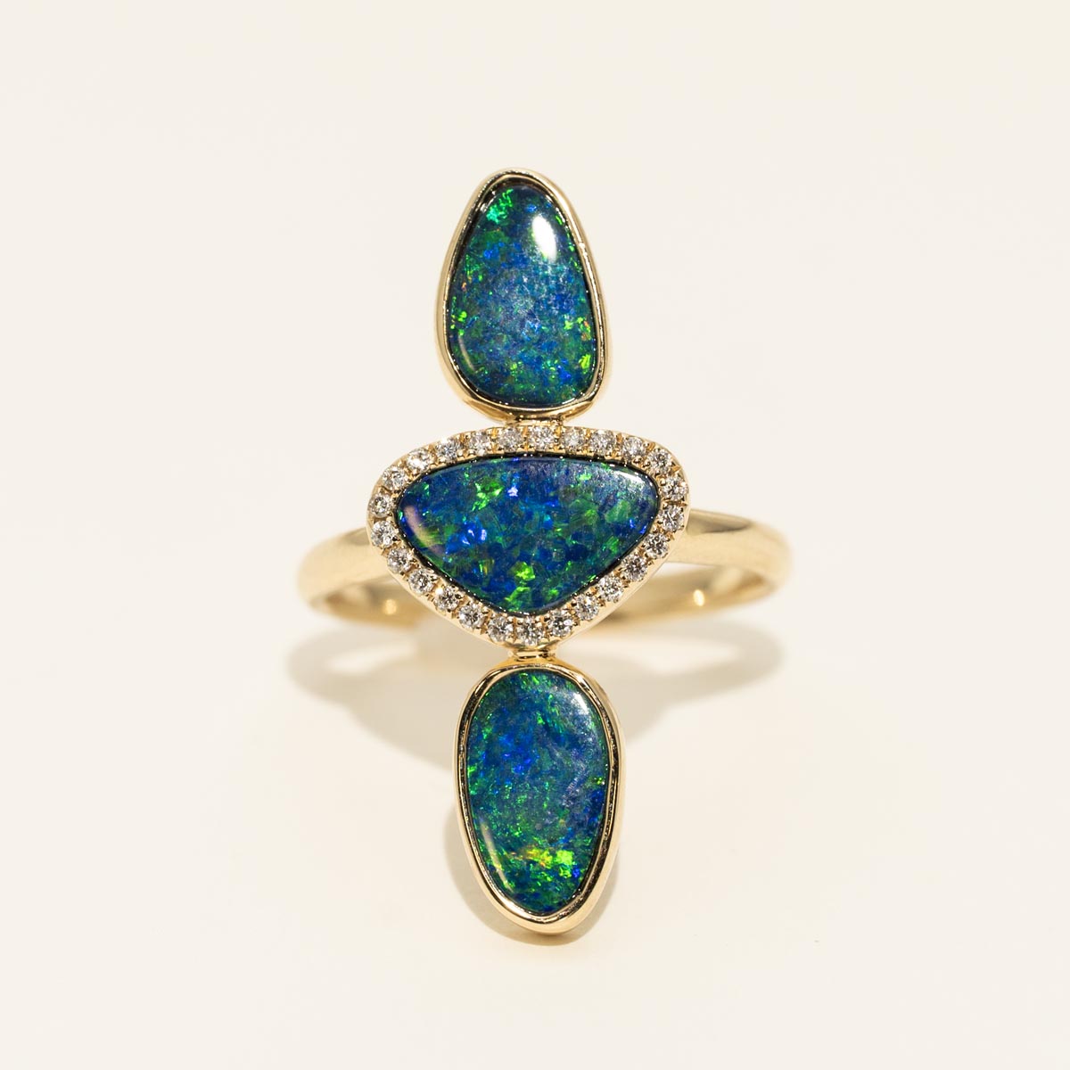 Parlé Australian Opal Doublet Three Stone Halo Ring in 14kt Yellow Gold with Diamonds