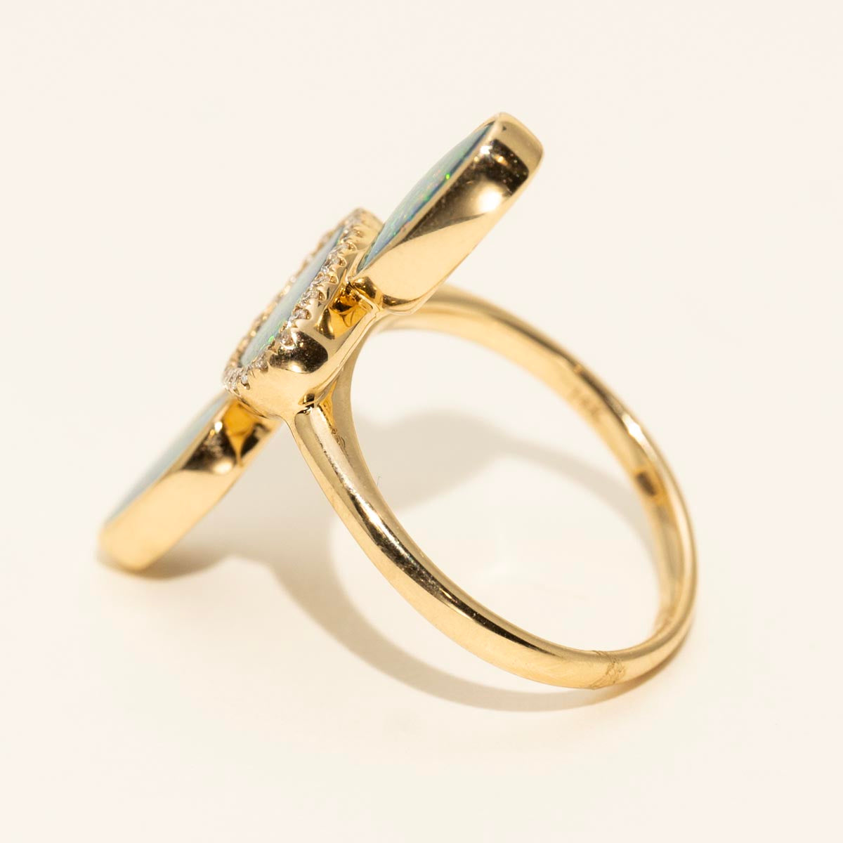 Parlé Australian Opal Doublet Three Stone Halo Ring in 14kt Yellow Gold with Diamonds