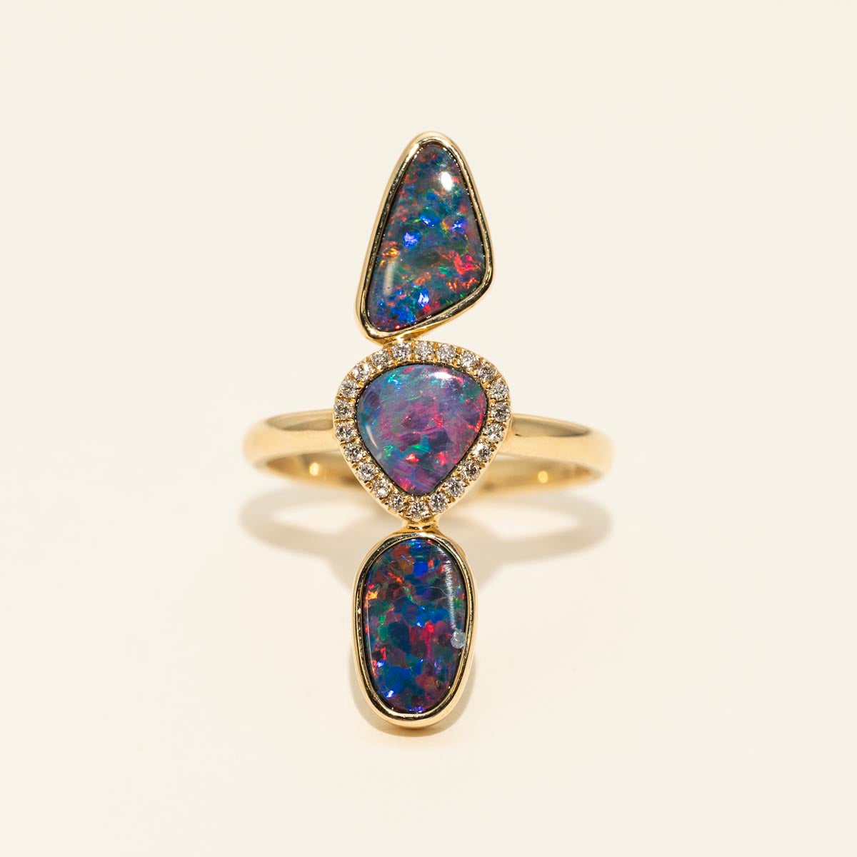 Parlé Australian Opal Doublet Three Stone Halo Ring in 14kt Yellow Gold with Diamonds