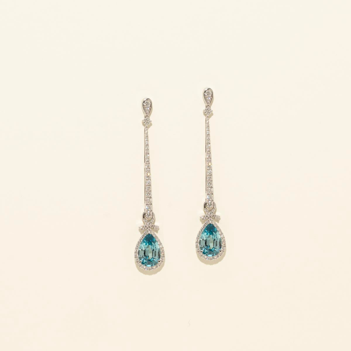 Pear Shape Blue Topaz Drop Earrings in 14kt White Gold with Diamonds