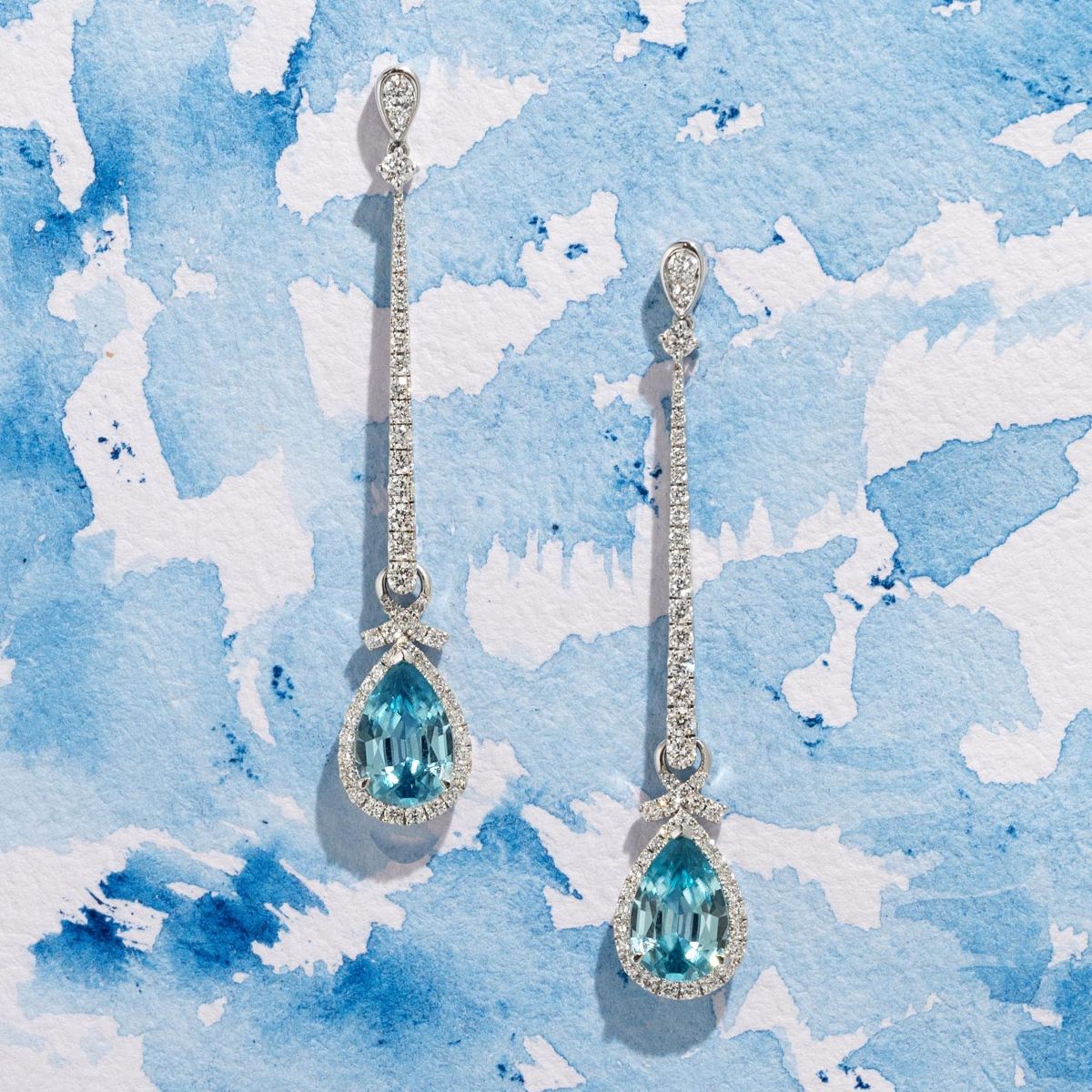 Pear Shape Blue Topaz Drop Earrings in 14kt White Gold with Diamonds