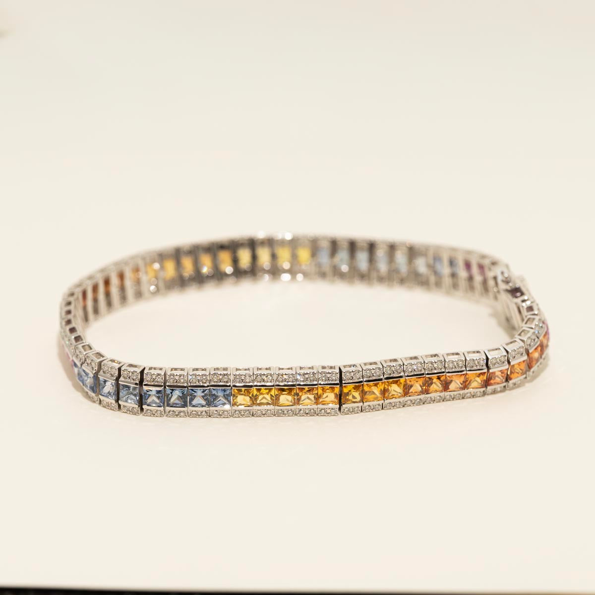 Princess Cut Multi Color Sapphire Tennis Bracelet in 14kt White Gold with Diamonds