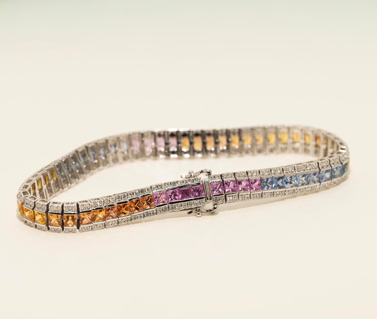 Princess Cut Multi Color Sapphire Tennis Bracelet in 14kt White Gold with Diamonds