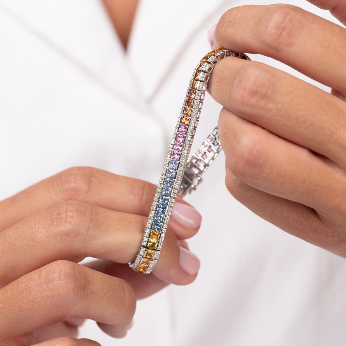 Princess Cut Multi Color Sapphire Tennis Bracelet in 14kt White Gold with Diamonds