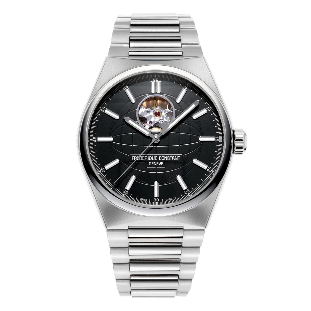 Frederique Constant Highlife Heartbeat Watch with Black Dial and Stainless Steel Bracelet (41mm and automatic movement)